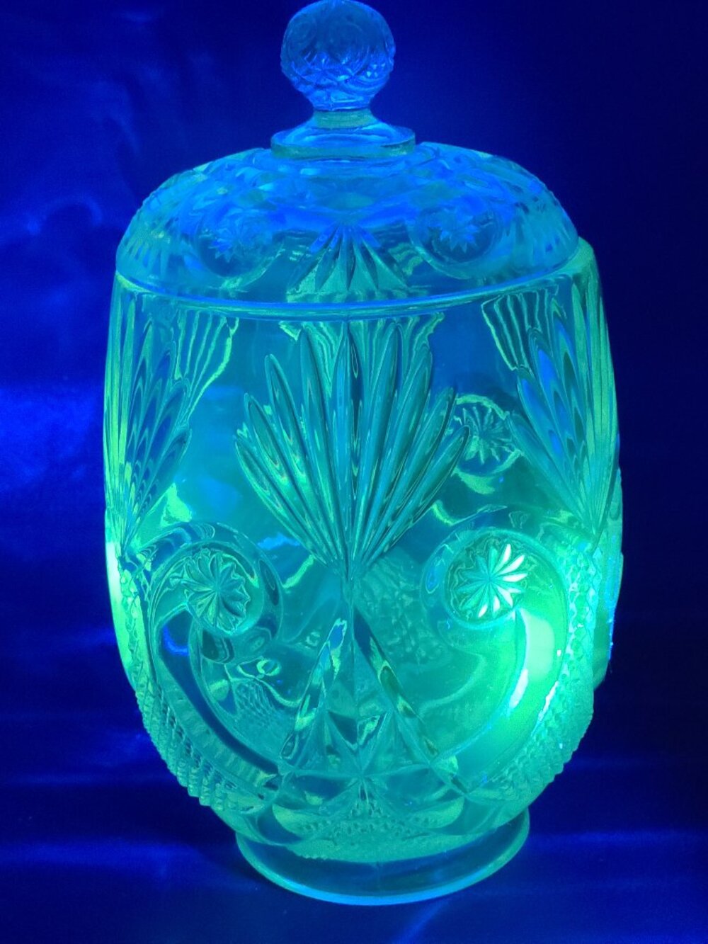 Antique EAPG Crystal Glass Crescent Fan Biscuit Jar Manganese Glow 9.5"